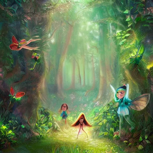 Prompt: a forest full of little fairies, digital art, trending on artstation, HDR, bright colors