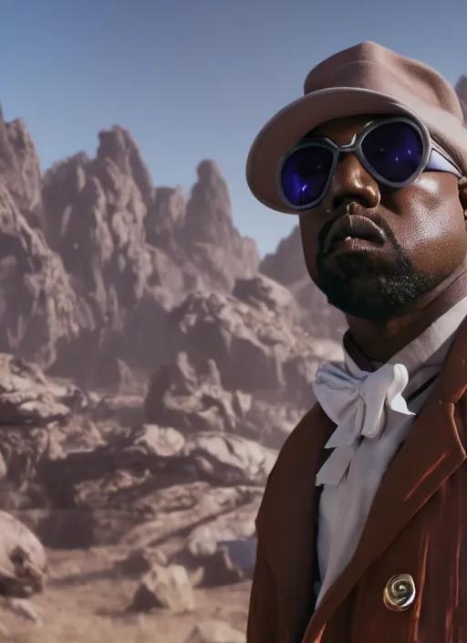 Image similar to Kanye West as willy wonka in fallout new vegas, splash art, movie still, cinematic lighting, dramatic, octane render, long lens, shallow depth of field, bokeh, anamorphic lens flare, 8k, hyper detailed, 35mm film grain