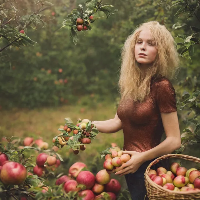 Image similar to a closeup portrait of a woman wearing a copper bodysuit, picking apples from a tree, foggy, moody, photograph, by vincent desiderio, canon eos c 3 0 0, ƒ 1. 8, 3 5 mm, 8 k, medium - format print