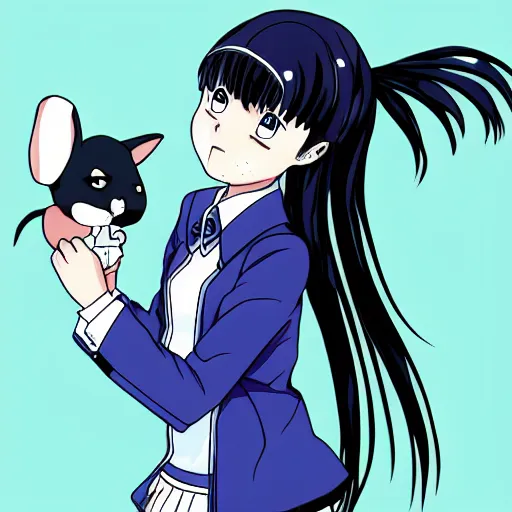 Image similar to anime girl with long dark hair in sailor uniform standing next to a giant sized rabbit, manga, white background, clean lines in dark pen, drawn by junji ito