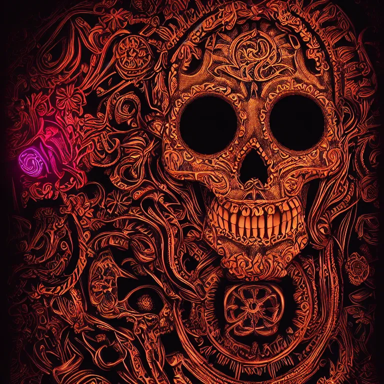 Image similar to a highly detailed photographic render of intricately carved sugar skull, psychedelic, black background, neon light, intricate ornament, gilding, horror, dark fantasy, beautifully lit, ray traced, octane 3D render in the style of Gerald Brom and James Gurney, sharp focus, HD, 8k