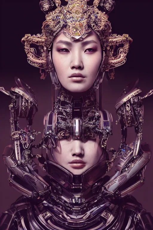 Image similar to a beautiful empress portrait, with a brilliant, impossible striking big cybernetic headpiece, cybernetic clothes, symmetrical, dramatic studio lighting, rococo, baroque, asian, hyperrealism, closeup, D&D, fantasy, intricate, elegant, highly detailed, digital painting, artstation, octane render, 8k, concept art, matte, sharp focus, illustration, art by Artgerm and Greg Rutkowski and Alphonse Mucha