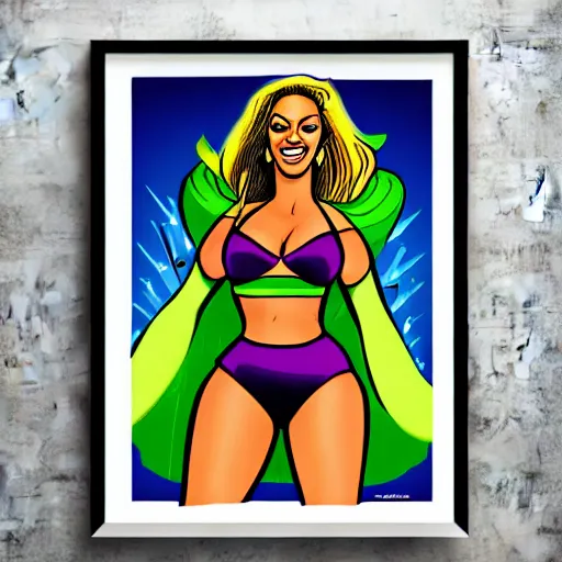 Image similar to Singer Beyoncé as She-Hulk, smiling, poster framed, comic pinup style, sports illustrated, detailed legs, artstation, illustration, posterized, Roge Antonio, Jen Bartel
