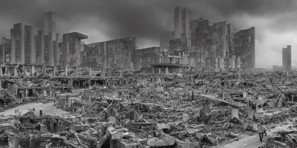 Image similar to a nuclear landscape of the southbank centre in london, collapsed brutalist architecture, groups of human figures stagger among the ruins, fog, dust atmosphere, brooding clouds, mushroom cloud, detailed, 4k