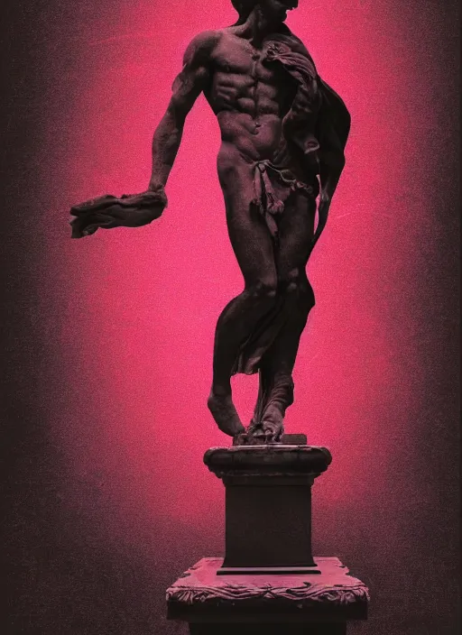 Image similar to elegant dark design poster showing a beautiful greco roman statue, black background with very subtle red and purple design elements, bold, powerful, nekro, vito acconci, thin straight purple lines, dark, glitch art, neo vaporwave, gritty, layout frame, square, trending on artstation