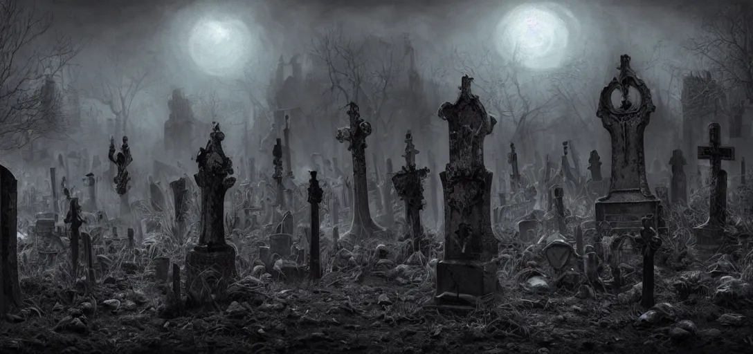 Image similar to A dark and haunted graveyard with ghost and zombies in the style of Keith Thompson, christopher bretz and kael ngu and Zdzislaw Beksinski, Artstation HD, 8k, Surrealistic digital artwork, highly detailed, digital painting, HDRI, vivid colors, high contrast, 8k resolution, intricate, photorealistic, smooth