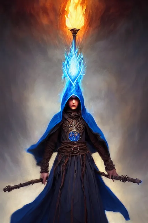 Image similar to Front portrait of a hooded mage hold a blue fire and detailed staff, full body, fine art, awesome fantasy book cover on Pinterest, award winning, dark fantasy landscape, fantasy magic, intricate, elegant, sharp focus, cinematic lighting, highly detailed, digital painting, concept art, art by WLOP and Artgerm and Greg Rutkowski, masterpiece, trending on artstation, 8K