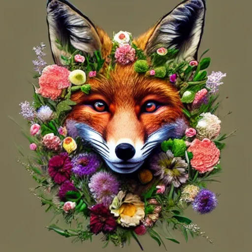 Prompt: made of flowers, made of flowers, made of flowers, portrait of a fox made of flowers, fantasy art, trending on artstation, beautiful art, intricate, elegant, highly detailed, digital painting