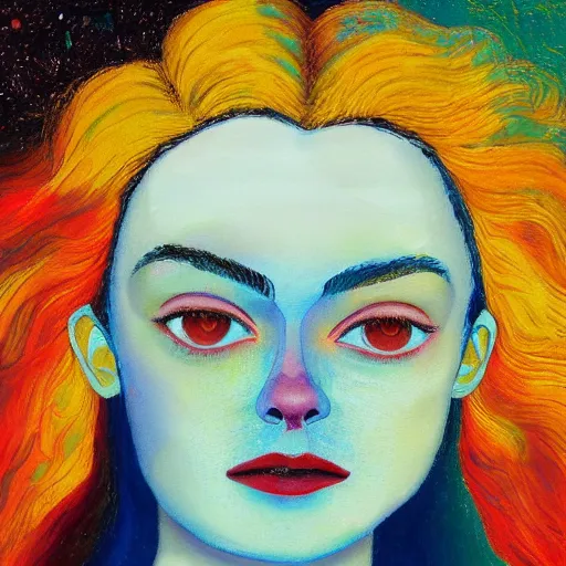 Prompt: professional painting of Elle Fanning in the style of Mordecai Ardon, head and shoulders portrait, symmetrical facial features, smooth, sharp focus, illustration, intricate, stormy weather, extremely detailed masterpiece,