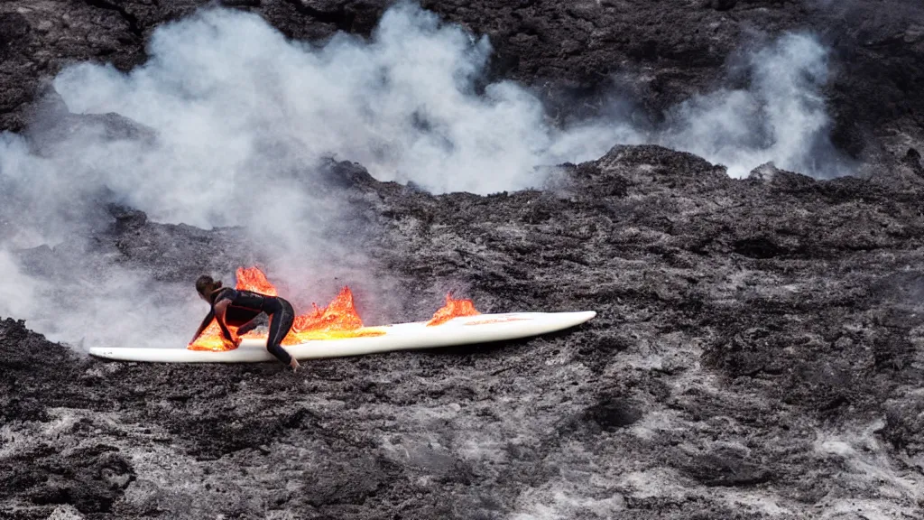 Image similar to person wearing a sponsored team jersey with logos surfing down a river of lava on the side of a volcano on surfboard, action shot, dystopian, thick black smoke and fire, sharp focus