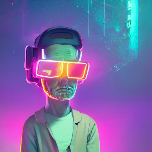 Prompt: cyberpunk rick and morty bot, cinema 4 d, galaxy space sci - fi, wearing vr goggles, illustration, portrait, pastel neon textured background night, trending on artstation, greg rutkowski, octane rendered, 1 2 k, detailed,