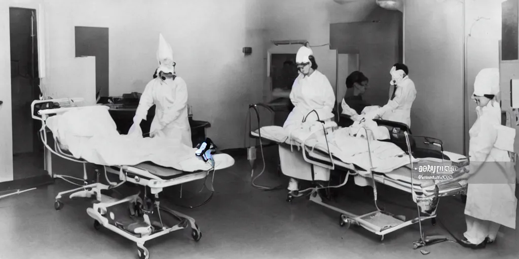 Image similar to photograph of hamster on a hospital bed being attended to by a hamster nurse, black and white photo