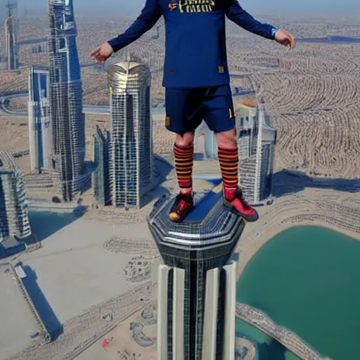 Image similar to Lionel Messi standing on top of Burj Khalifa