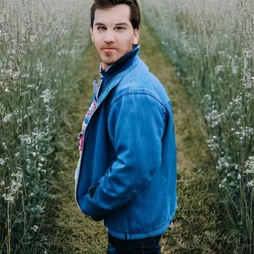 Image similar to steven bonnell ii in a blue jacket walking in a field, 5 0 mm sigma lens, sony a 7 siii