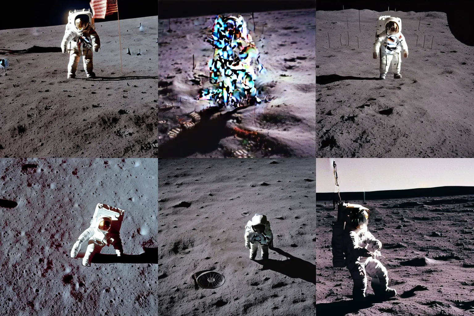 Prompt: A photo of an astronaut on the moon without his helmet, eating garlic bread, with knife and fork. | Red tablecloth | Earth in the background | Grey moon craters | 1969 Apollo 11 landing | 120mm wide shot