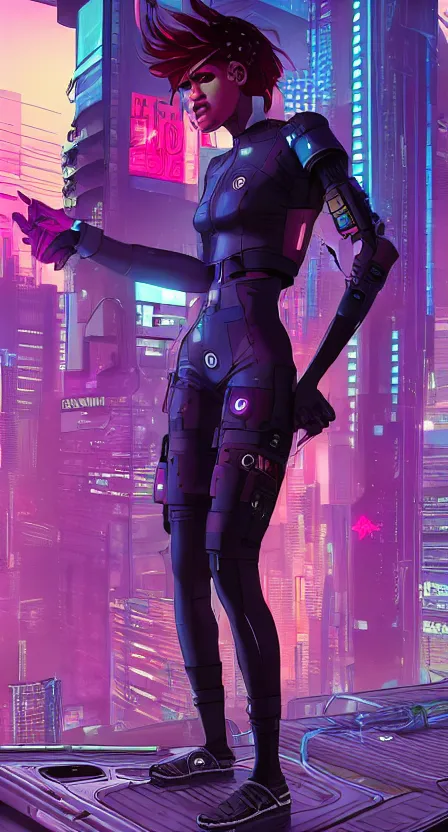 Image similar to zendaya as a cyberpunk hero standing on the rooftop of cybertown, art poster, full body, t - pose, character design, ambient lighting, 4 k, lois van baarle, ilya kuvshinov, rossdraws, alphonse mucha, jung gi kim, dylan kowalsk, artstation