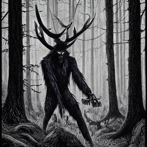 Image similar to wendigo in the woods, Michael Whelan, pen and ink, black and white