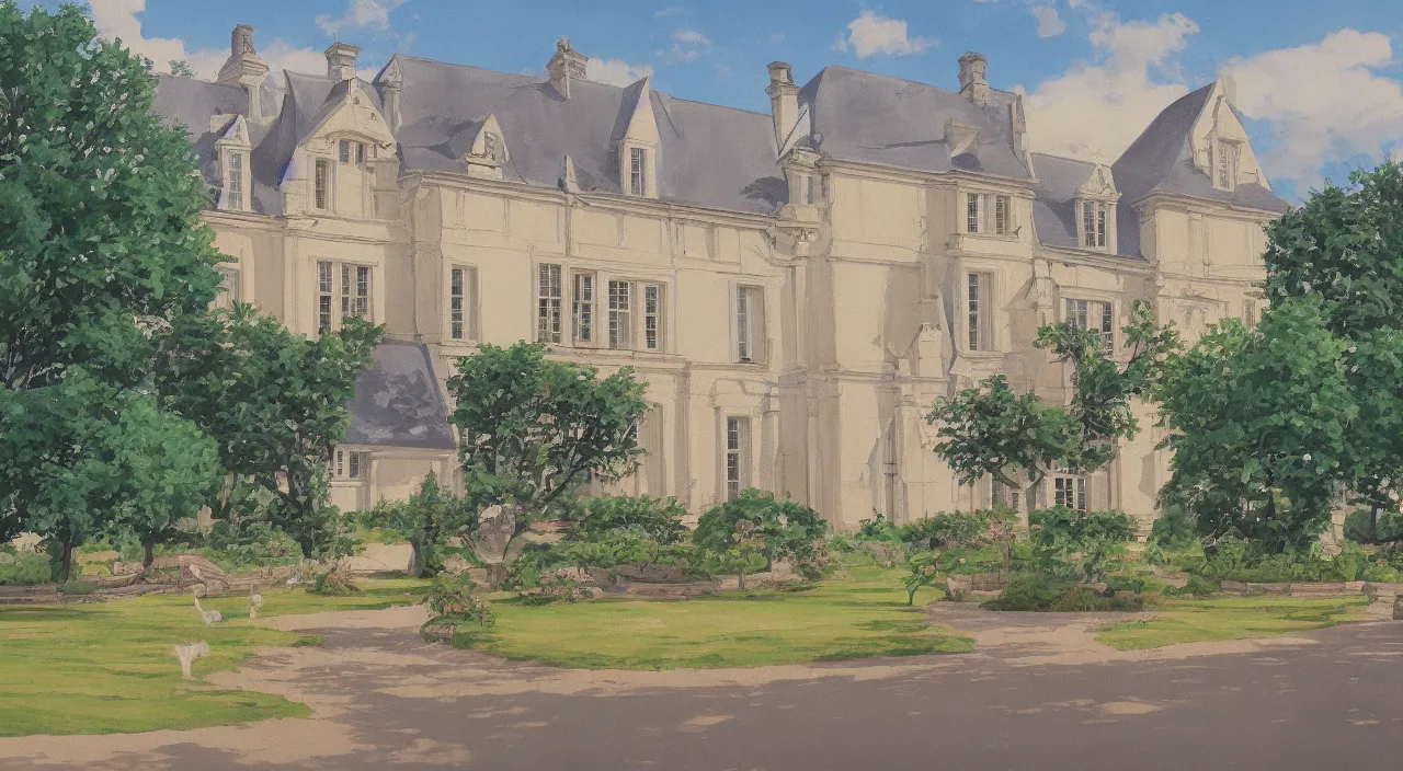 Prompt: a painting of a French manor, in the style of anime