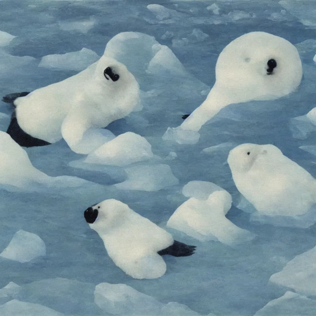 Image similar to a baby harp seal, painting by rene magritte, glaciers and ice and snow