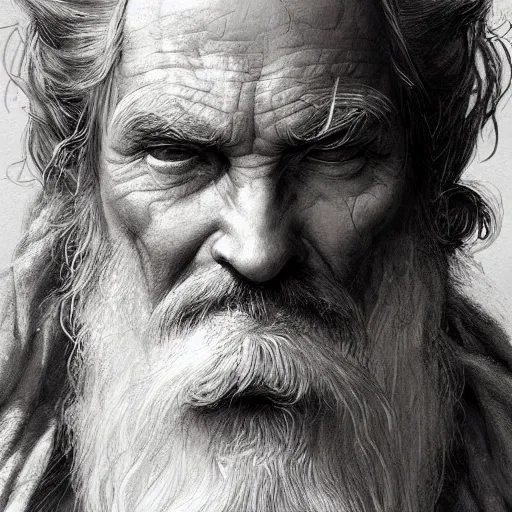 Image similar to Portrait of elderly wizard with white curling beard wearing tattered robes, waist high, intricate, wild, highly detailed, digital painting, artstation, concept art, smooth, sharp focus, illustration, art by artgerm and greg rutkowski and alphonse mucha