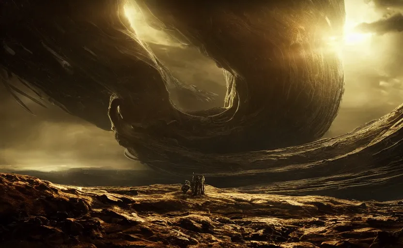 Prompt: an extraterrestrial spaceship exiting the end of the worm hole with planet earth in sight, in the style of prometheus, epic scene, extremely detailed masterpiece, extremely moody lighting, glowing light and shadow, atmospheric, shadowy, cinematic, god lighting