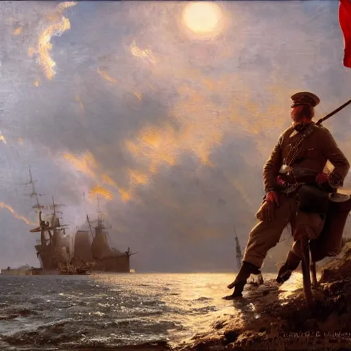 Image similar to detailed cinematic wide shot of swedish sea captain back view seeing his world war 2 battle ship attacking denmark, ultra realistic, spring light, painting by gaston bussiere, craig mullins, j. c. leyendecker