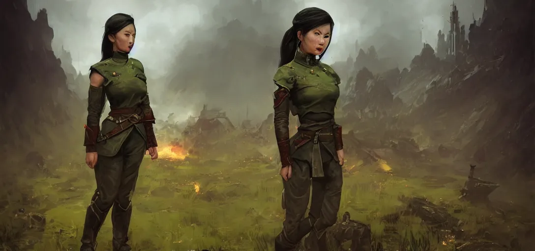 Prompt: wide shot of vietnamese solider girl, green uniform, burning city in the background, epic, elder scrolls art, fantasy, skyrim, hd shot, digital portrait, beautiful, artstation, by artgerm, guy denning, jakub rozalski, magali villeneuve and charlie bowater