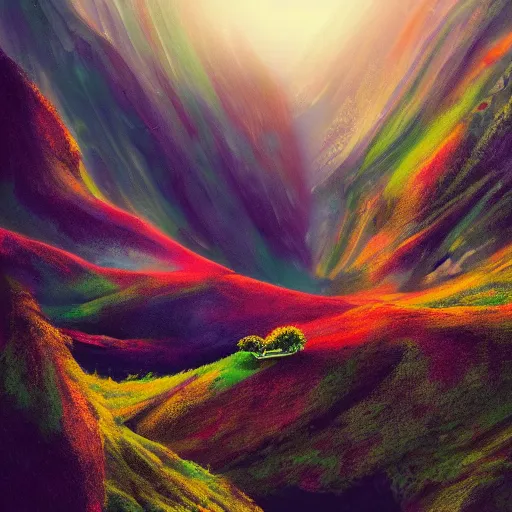 Prompt: a lone traveller at a colorfull mountain side ,very detailed, cinematic lighting, neo-romanticism, colorful