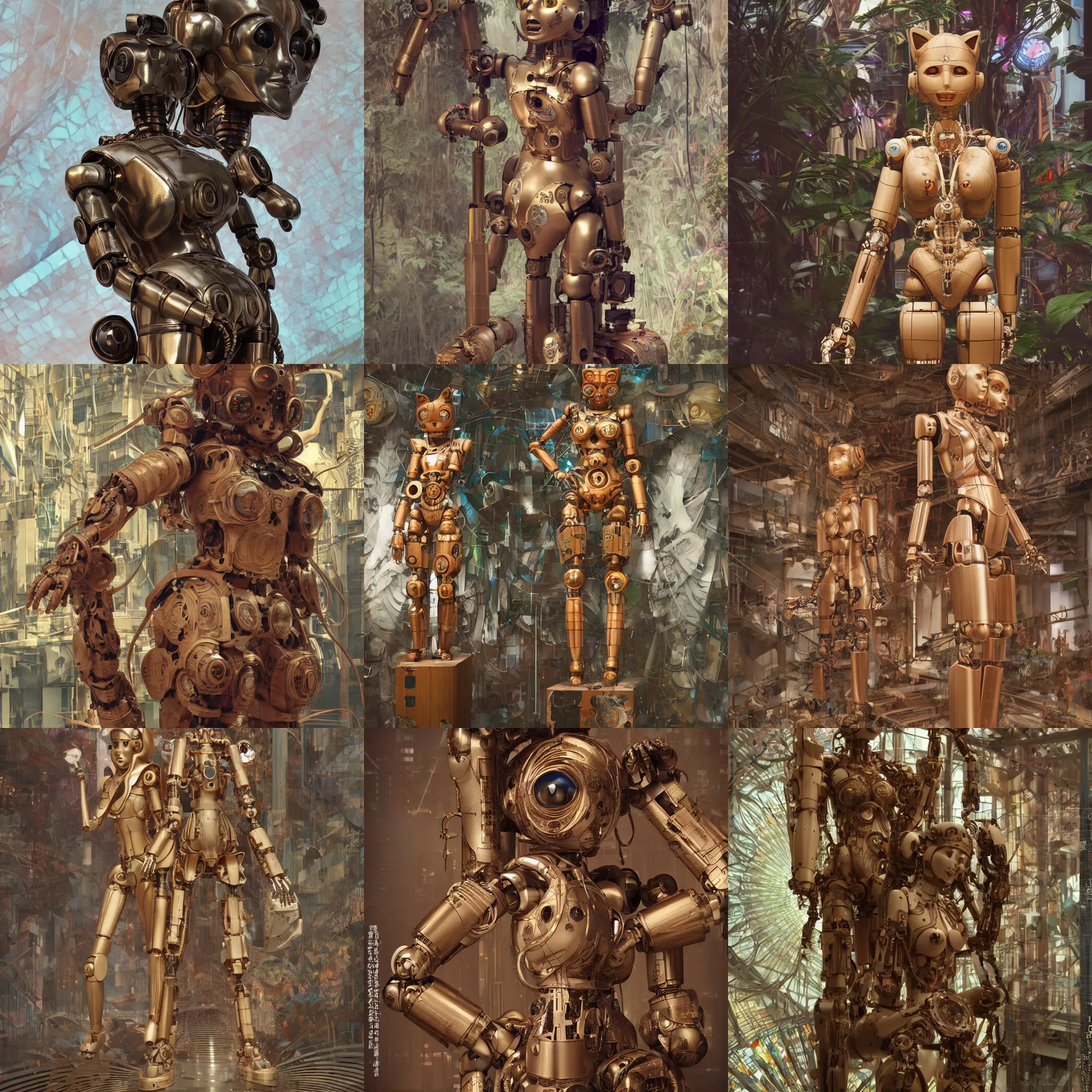 Prompt: 3 d octane render, ultra photorealistic, 8 k hyper detailed, a very very cute wooden roman statue robot of the anthropology, cat ears, cyberpunk, jungle, birds f cgsociety, in a contemporary art gallery, in neo tokyo, artwork by alphonse mucha