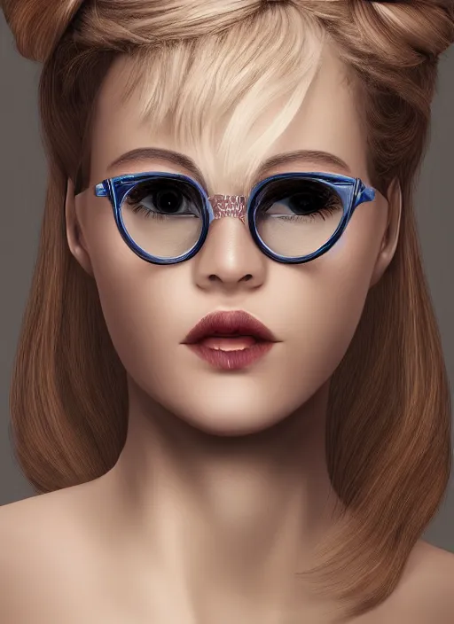 Prompt: a french woman with blonde hair tied in a strict bun, spectacles, lots of makeup, rich, character portrait, digital art, high quality, 8 k, detailed,