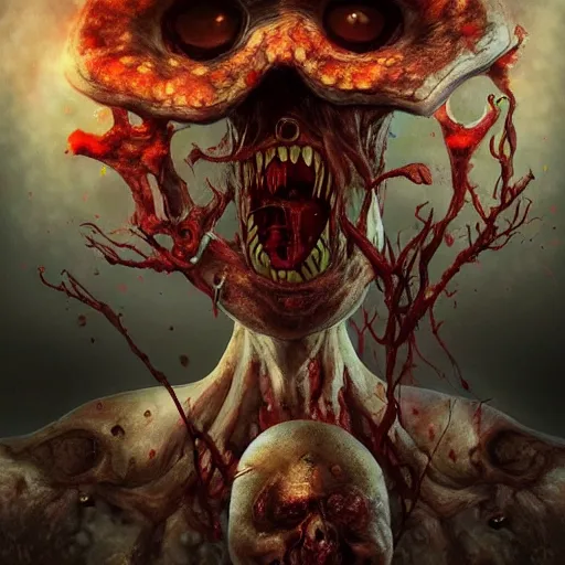 Image similar to Infected mushroom, zombified mushroom with facial features, style of Infected mushroom cover art, monstrocity big mushroom pose, micro lens, infection, epic psycho, pose, enlightment, illumination, epic digital art, HD Quality, Artstation, UHD 4K image