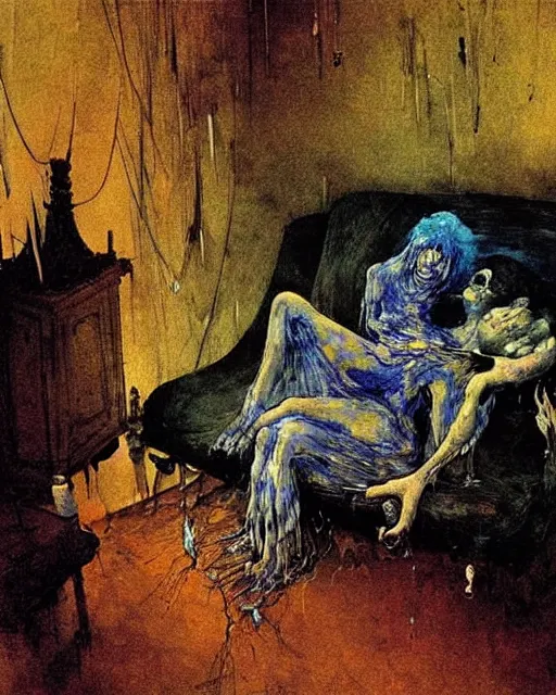 Image similar to an old dead couple sitting on a couch in a messy living room in an old apartment watching the televison on fire,  Francisco Goya and Francis Bacon painting, part by Beksiński and EdvardMunch. art by Harry Clarke and Peter Mohrbacher, Francis Bacon masterpiece
