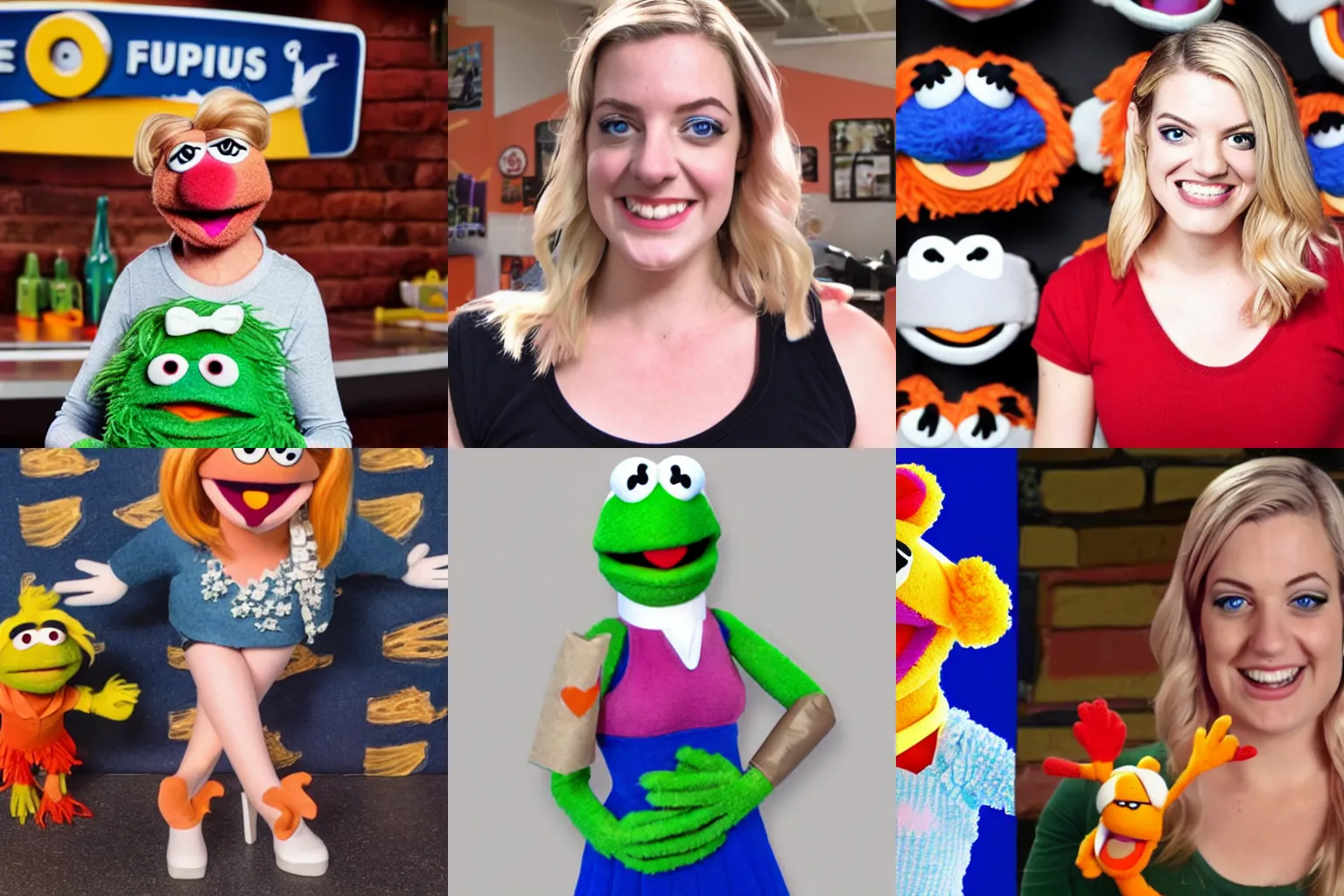 Prompt: a muppet of Elyse Willems from Funhaus