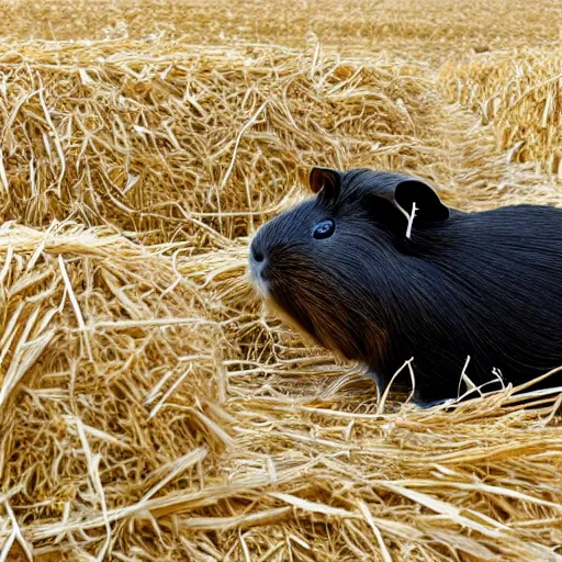 Prompt: a guinea pig with white wings flying above a field of hay,