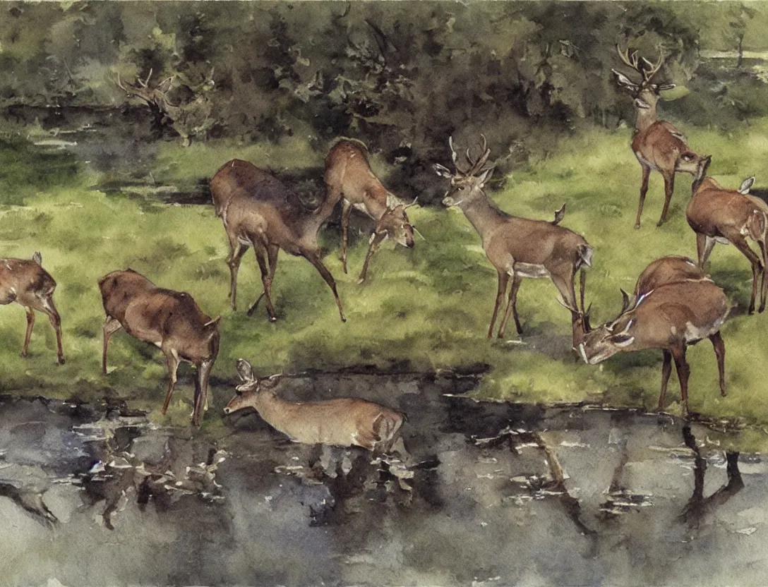 Image similar to watercolor by anders zorn, deer drinking water by pond, realistic nature art