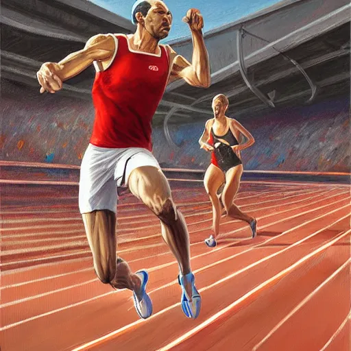 Image similar to cinematic painting of qwop!!!!!!!!!!!!!!!!! running down the track by stanley artgerm lau, kinetic, motion, athletic, running