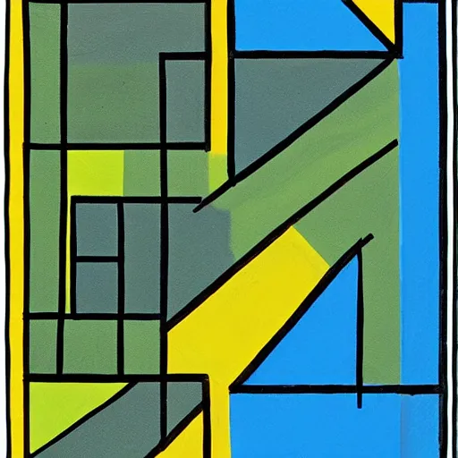 Image similar to painting, four rectangle and one triangle shapes, in blue, in yellow, in green, divided by black lines