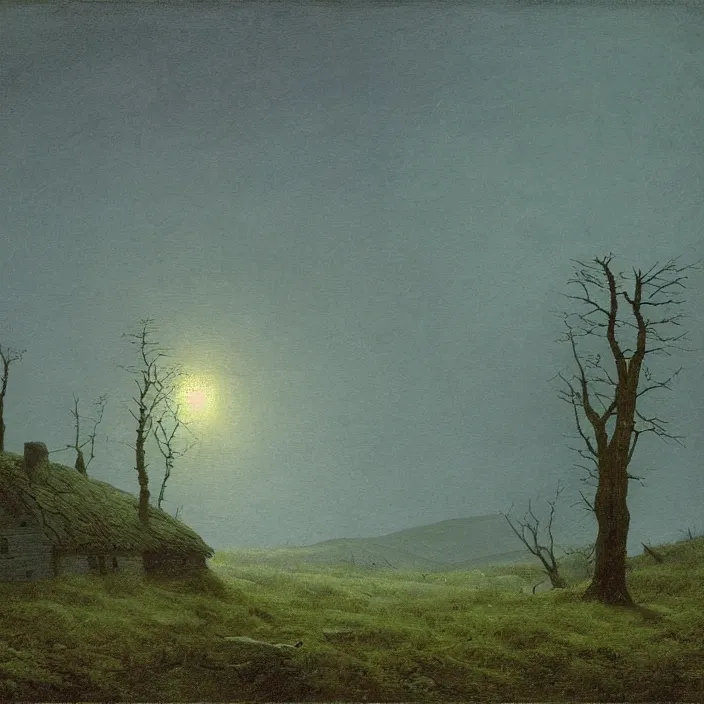 Image similar to painting of a cabin in the moorland by caspar david friedrich, at night, eerie, supernatural