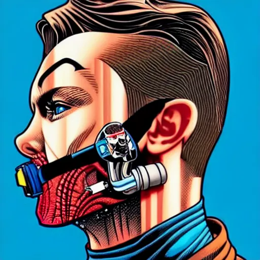 Image similar to a profile photo of an james bond side profile with a diving oxygen mask with side profile blood in ocean intricate details by MARVEL comics and Sandra Chevrier-C