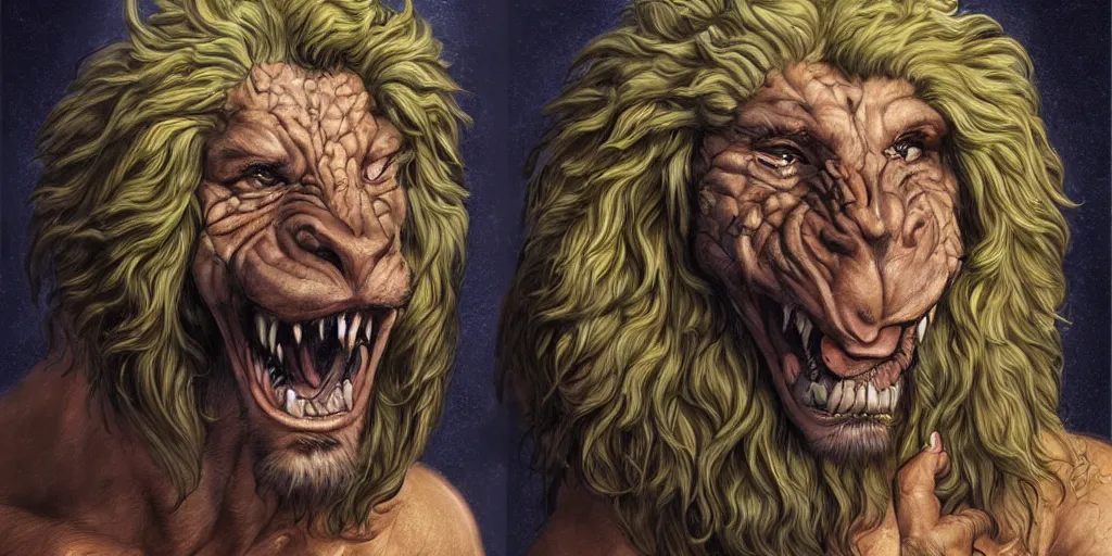 Image similar to Chimera of Joe Rogan and Howard Stern in the style of Boris Vallejo, portrait, intricate, highly detailed, concept art, smooth, sharp focus
