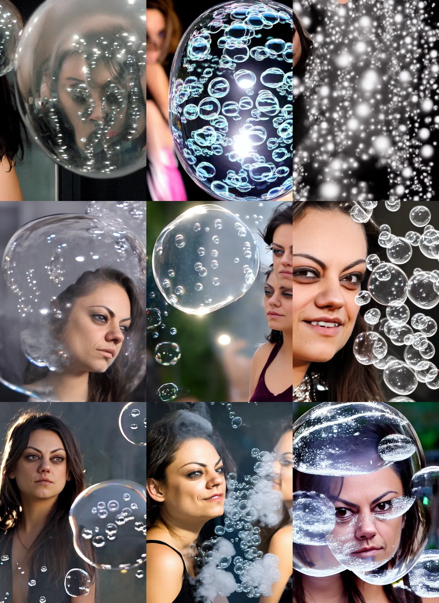 Prompt: smirking Mila Kunis reflected in reflective bubbles filled with smoke