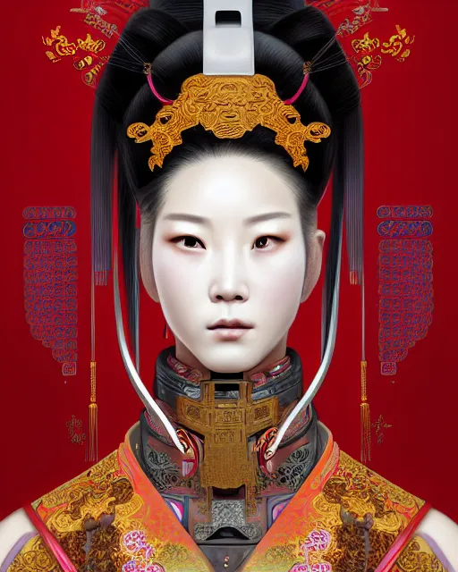 Image similar to portrait of a chinese cyberpunk machine, machine face, robed, upper half portrait, decorated with chinese opera motifs, regal, asian, fine china, wuxia, traditional chinese art intricate intense elegant 京 剧 highly detailed digital painting artstation concept art smooth sharp focus illustration, art by artgerm and greg rutkowski alphonse mucha 8 k