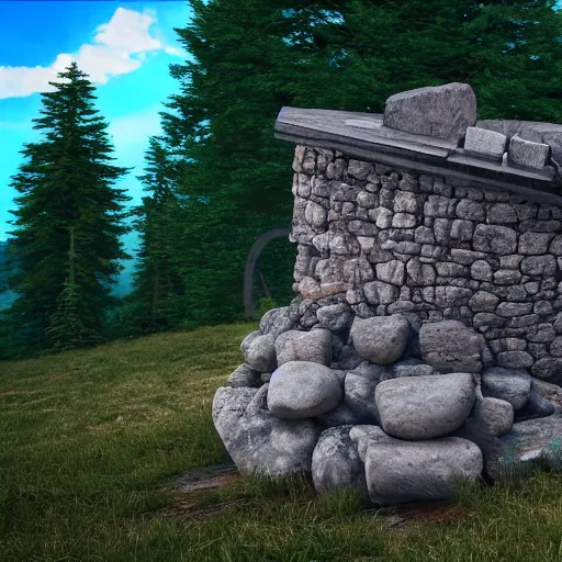 Prompt: an old lost Celtic ark made of stones, surrounded by a forest of tall pine trees, a mountain in the background, cloudy but bleu sky, photorealism, render with unreal engine, anamorphic lens flare, details, HD, 8k, cinematic