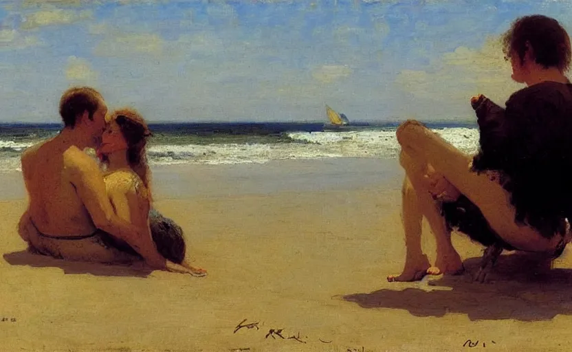 Image similar to high quality high detail painting by ilya repin, a couple sitting on a beach, hd