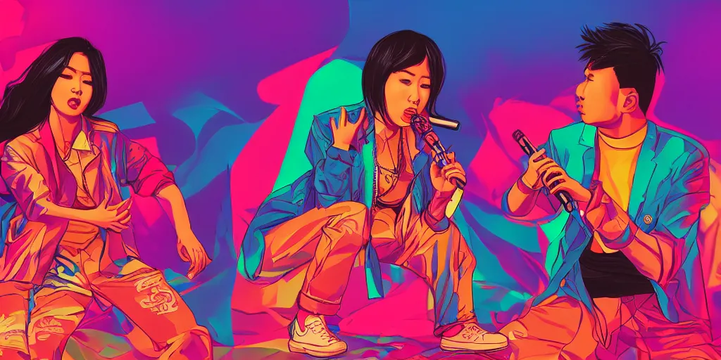 Prompt: Asian women and Hispanic men rapping with microphone in living room, epic poses, distinct figures, digital art, vaporwave, psychedelic, surreal, hip hop, trending on Artstation, professional artist, detailed, 4k