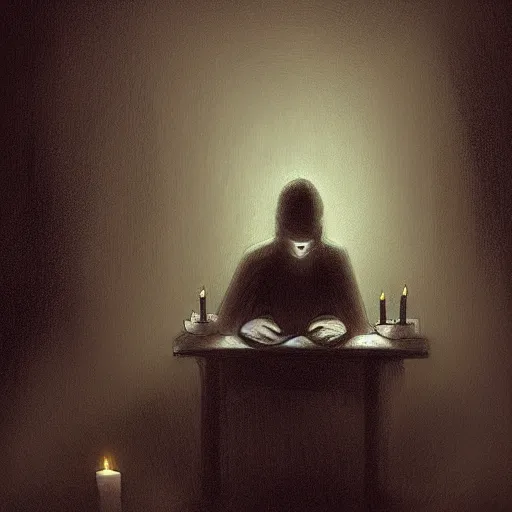 Image similar to A man sits in a dark and gloomy room, the only light is a flickering jittery candle, he writes by the candle in a journal, in a gothic and atmospheric style, artstation digital art, trending on artstation, artstationHQ, artstationHD.