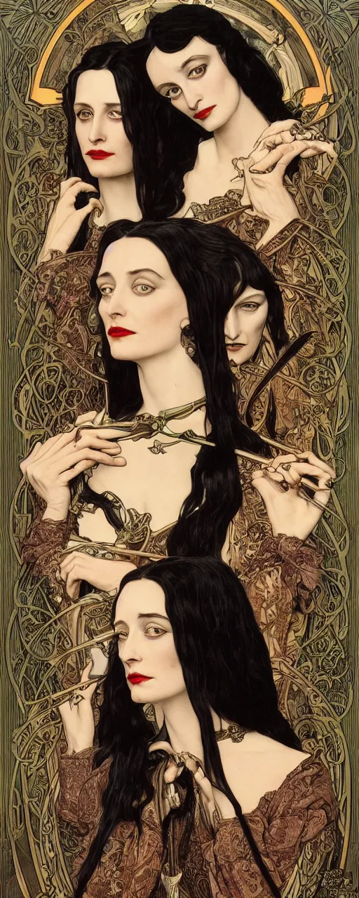 Prompt: stunning hyperdetailed art nouveau portrait of eva green wednesday addams and anjelica huston as the mythological 3 witches, by chris achilleos, michael kaluta and alphonse mucha, photorealism, extremely beautiful, perfect symmetrical facial features, perfect anatomy, strong confident eyes, eldritch powers, witchcraft, magic energy