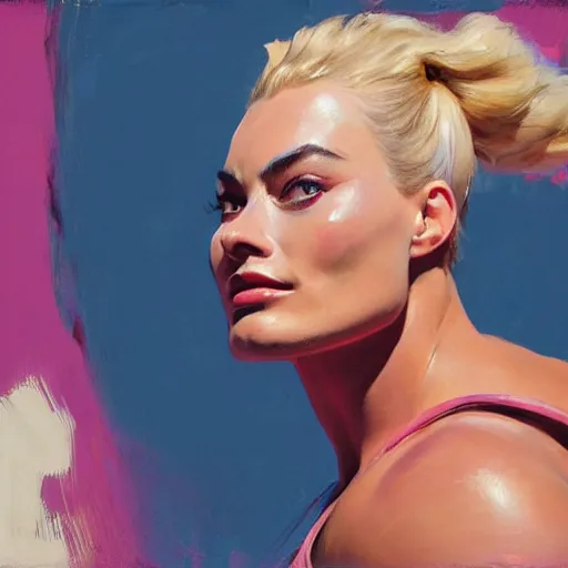 Prompt: greg manchess portrait of margot robbie as thick muscular weightlifter zarya from overwatch with ponytail and curly pink hair, medium shot, asymmetrical, profile picture, organic painting, sunny day, matte painting, bold shapes, hard edges, street art, trending on artstation, by huang guangjian and gil elvgren and sachin teng