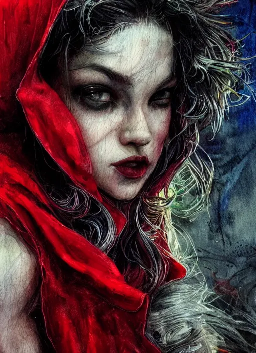 Image similar to portrait, Gorgeous Little red riding hood at a rave, watercolor, dramatic lighting, cinematic, establishing shot, extremly high detail, foto realistic, cinematic lighting, pen and ink, intricate line drawings, by Yoshitaka Amano, Ruan Jia, Kentaro Miura, Artgerm, post processed, concept art, artstation, matte painting, style by eddie mendoza, raphael lacoste, alex ross