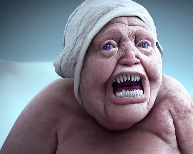 Image similar to of a very beautiful scene. ambient occlusion render. a sweet fat old woman is giving birth to her shadow. hyper realistic. 4 k. wide angle. wild. symmetrical face, red mouth, blue eyes. deep focus, lovely scene. ambient occlusion render. concept art. unreal engine.